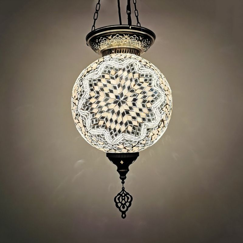 1 Light Stained Art Glass Pendant Light Kit Vintage White/Red/Blue Globe Dining Room Hanging Ceiling Light