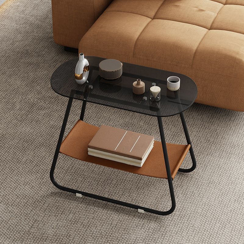 End Table Glass Sled with Storage Oval Contemporary Double Tier Side Table
