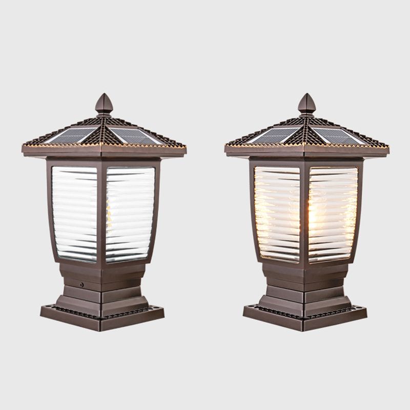 Contemporary Metal Pillar Lamp Pavilion Shape Outdoor Waterproof Light with Glass Shade