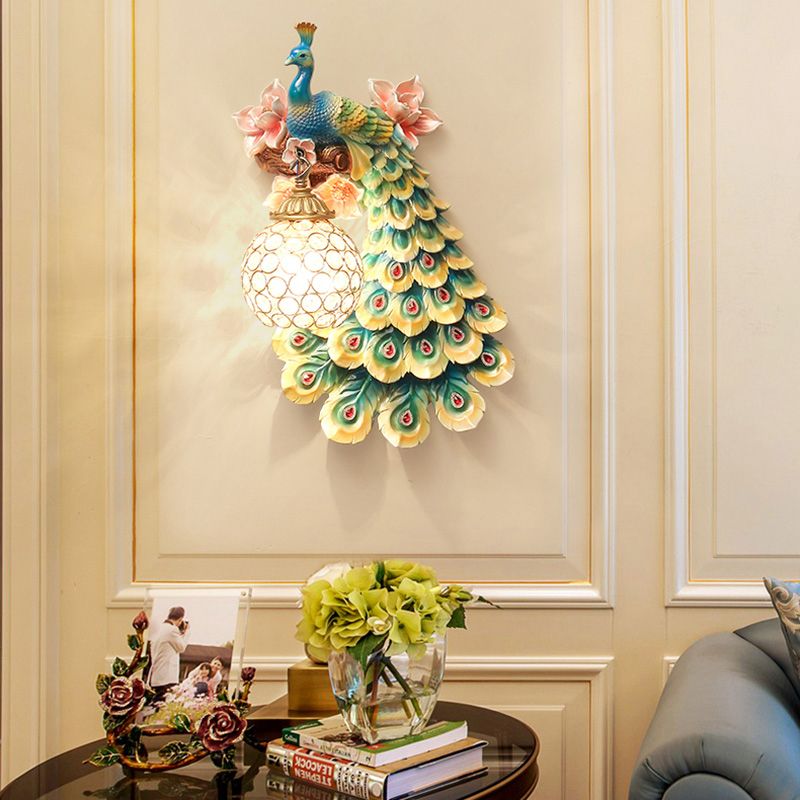 Blue/White Peacock Wall Mounted Light 1 Light Loft Style Resin 1/2-Pack Wall Lamp with Dome Crystal Shade, Double/Right/Left