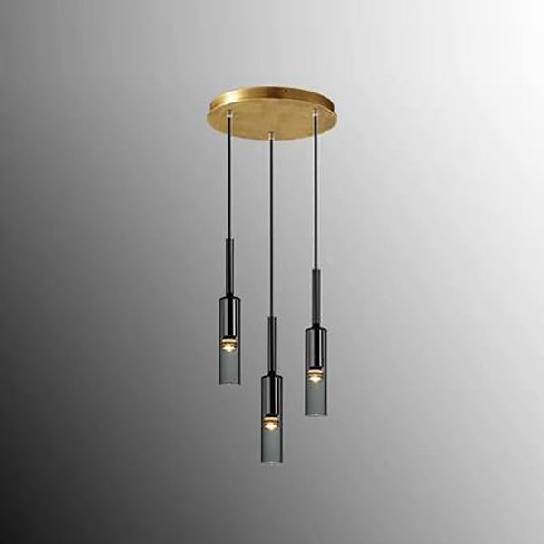 Luce a sospensione grigio in cristallo in moderna lampada a sospensione cilindrica di rame per sala da pranzo