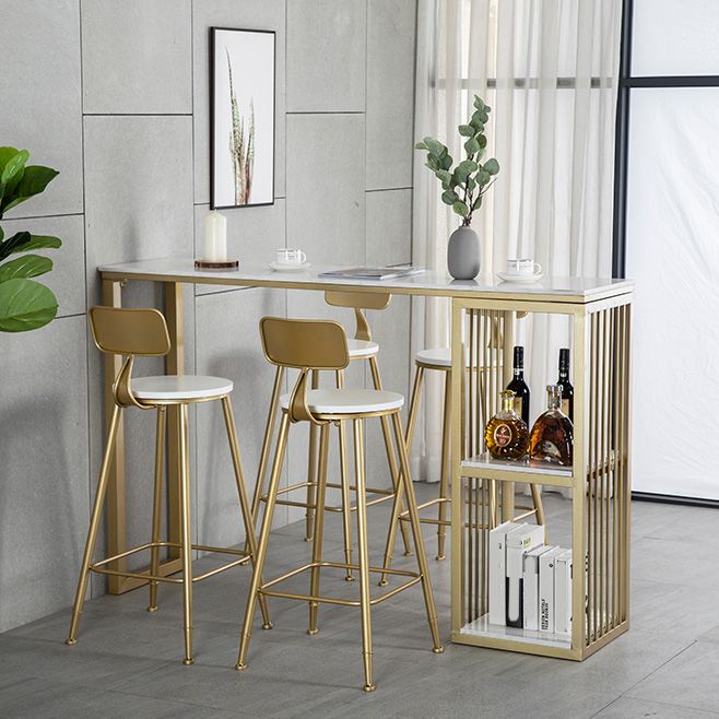 White Rectangle Faux Marble Top Bar Table Industrial Double Pedestal with Shelves