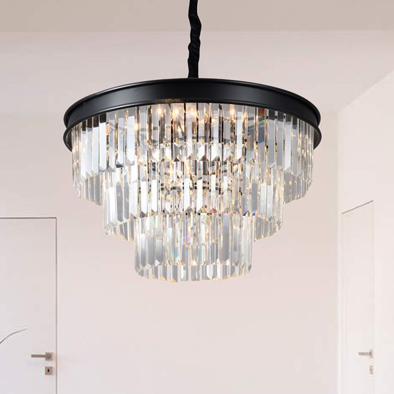 Luce a soffitto a livello di vetro in cristallo trasparente Postmoderno 9/12 Luci Lampadella nera, larghezza 16 "/23"