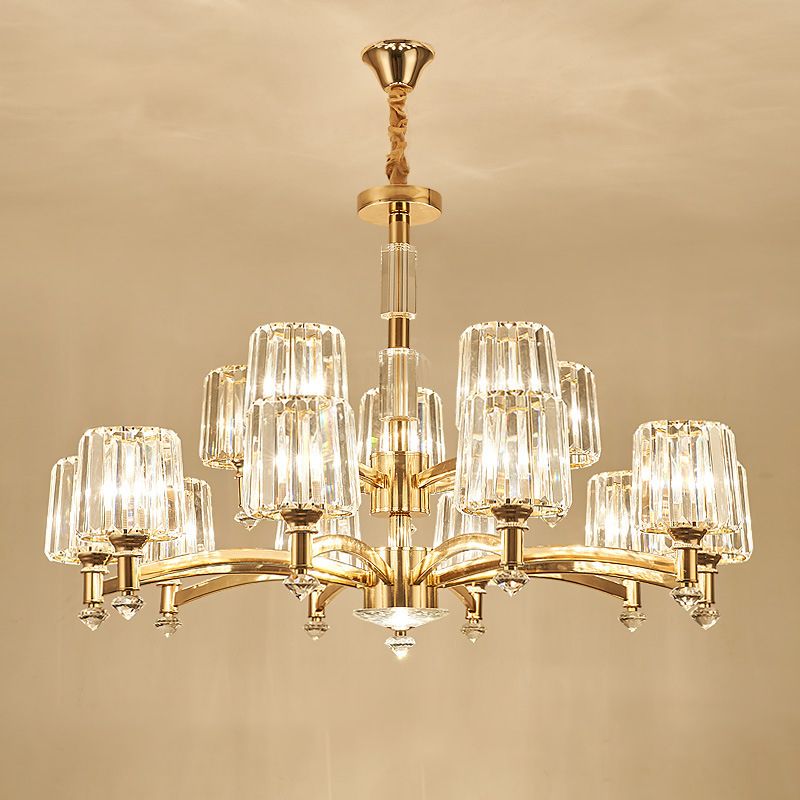 Cylindrical Living Room Chandelier Clear Crystal Modernism Hanging Light in Brass