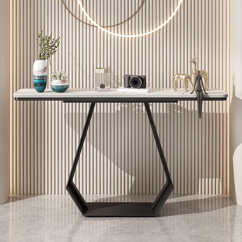 Glam Style Rectangle Top Accent Table with Iron Base and Stone Top