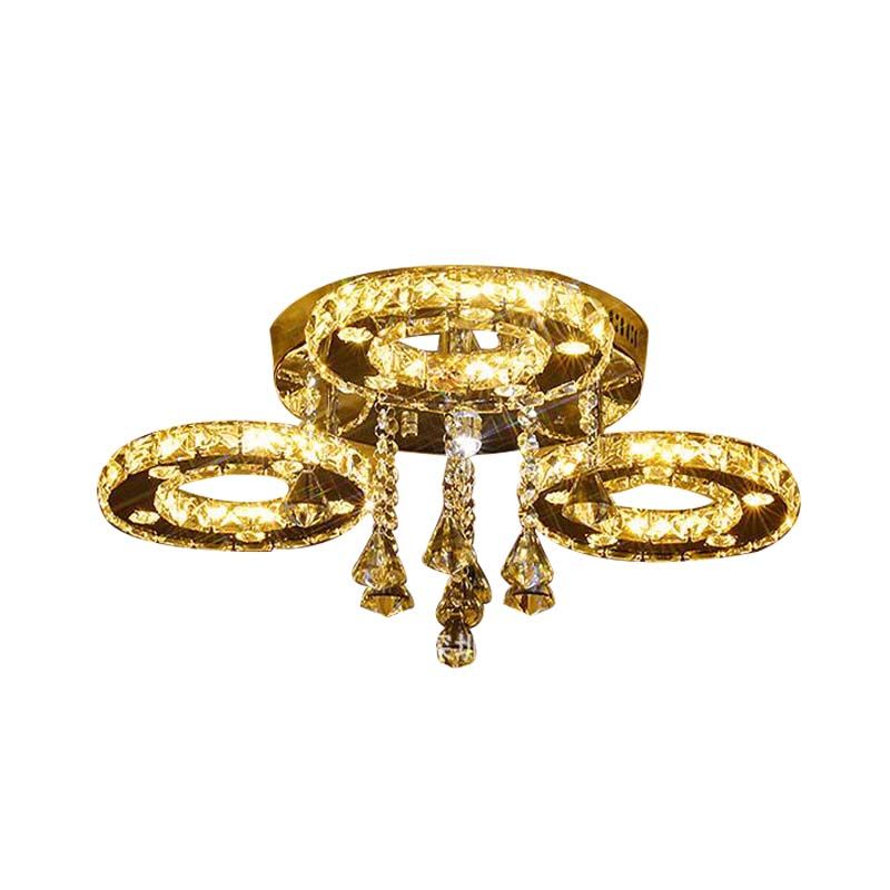 Ring Semi Flush Light Contemporary K9 Crystal Chrome 23.5"/28"/33.5" Wide LED Ceiling Lamp, Warm/White/2 Color Light