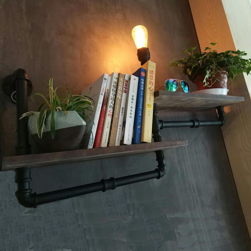 1/2-Bulb Wood Shelf Wall Lighting with Water Pipe Vintage Stylish Bronze Wall Mount Light for Living Room