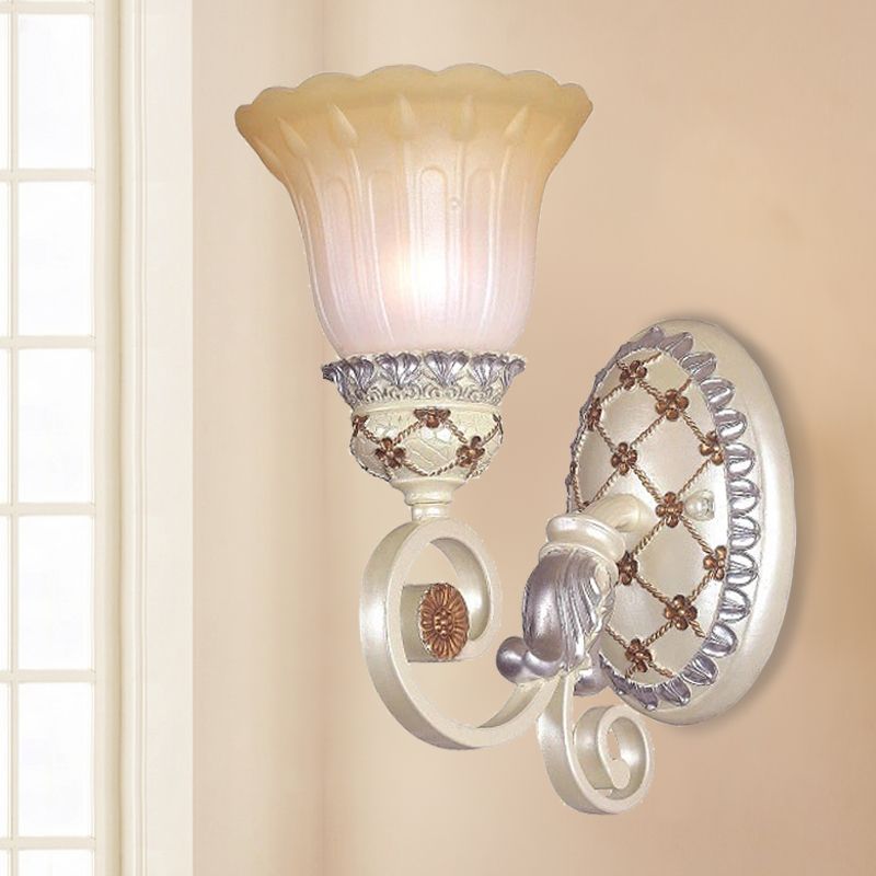 French Country Blossom Wall Sconce 1/2-Light Opaline Glass Wall Lighting Idea with Swirl Arm in Gold