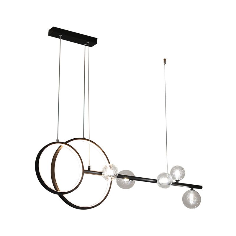 Moderno a ciondolo lineare e anello LED Light Metal Dining Room Isola sospesa con tonalità in vetro trasparente