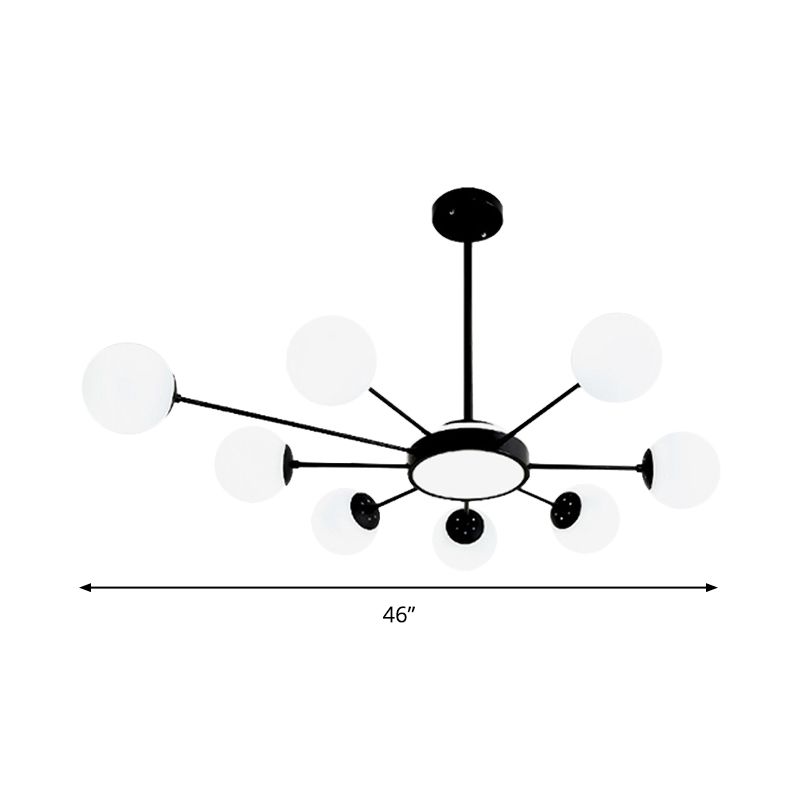 White Glass Round Chandelier Lighting Modernism 8 Heads Pendant Light Fixture in Black