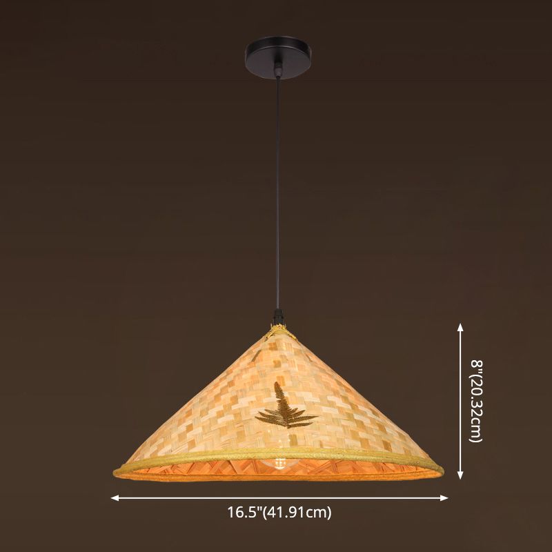 Asian Inspired Farmers Hat Pendant Bamboo Woven 1 Head Diner Ceiling Lamp in Wood