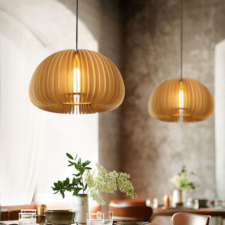 1 Light Pumpkin Shape Wooden Pendant Light Nordic Style Living Room Hanging Lamp Fixture
