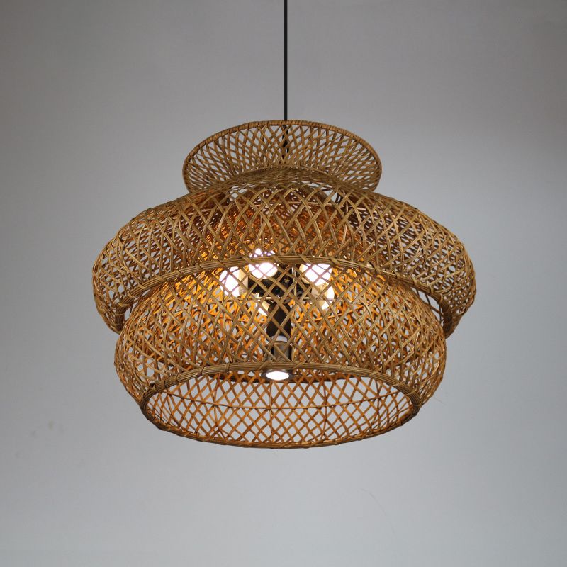 6 koppen brede flare plafond kroonluchter Aziatische bamboe hangend hanglamp in bruin