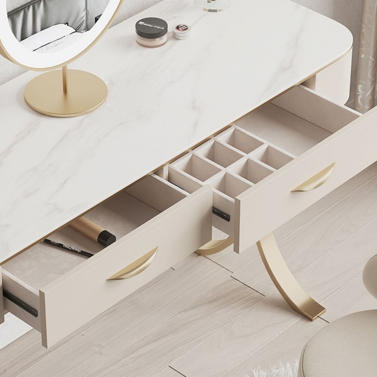 Wooden Glam Makeup Vanity Desk Beige Vanity Dressing Table Set with Drawer