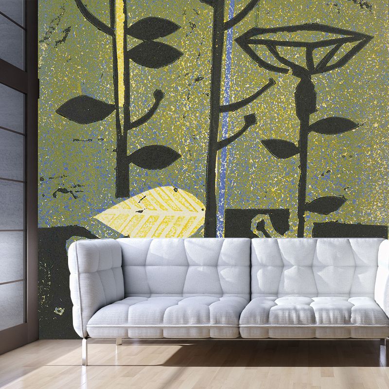 Art Deco Flowers Painting Murals Yellow-Brown Bedroom Wall Decoration, Custom-Print