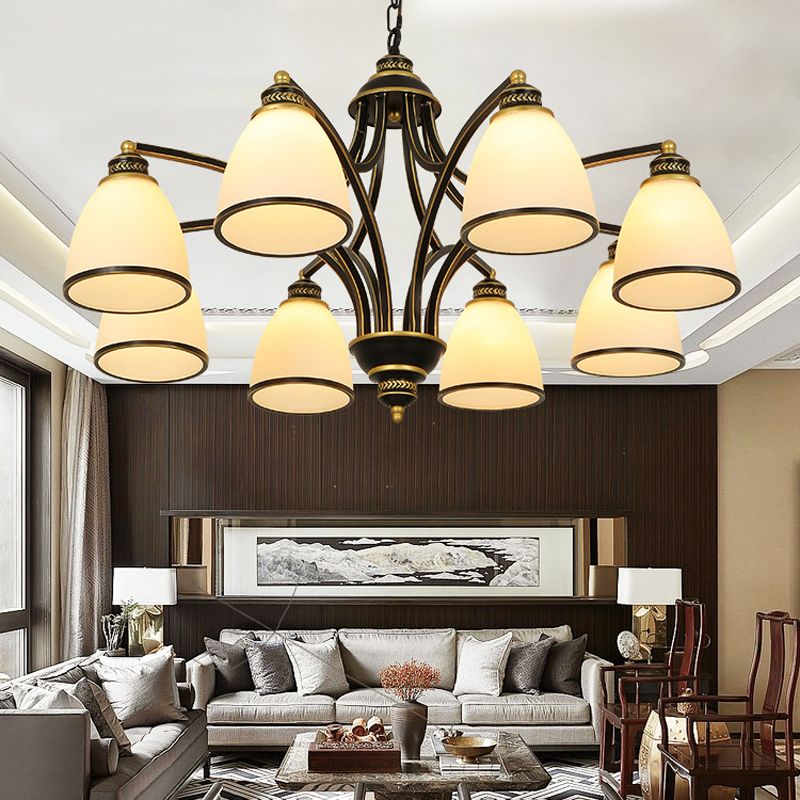 American Metal Chandelier Branch Black Pendant Lamps with White Glass for Living Room