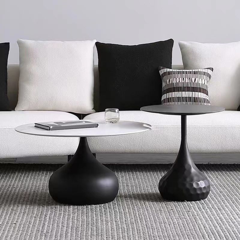 Round Slate Coffee Table Set Metal Pedestal Simple Cocktail Table