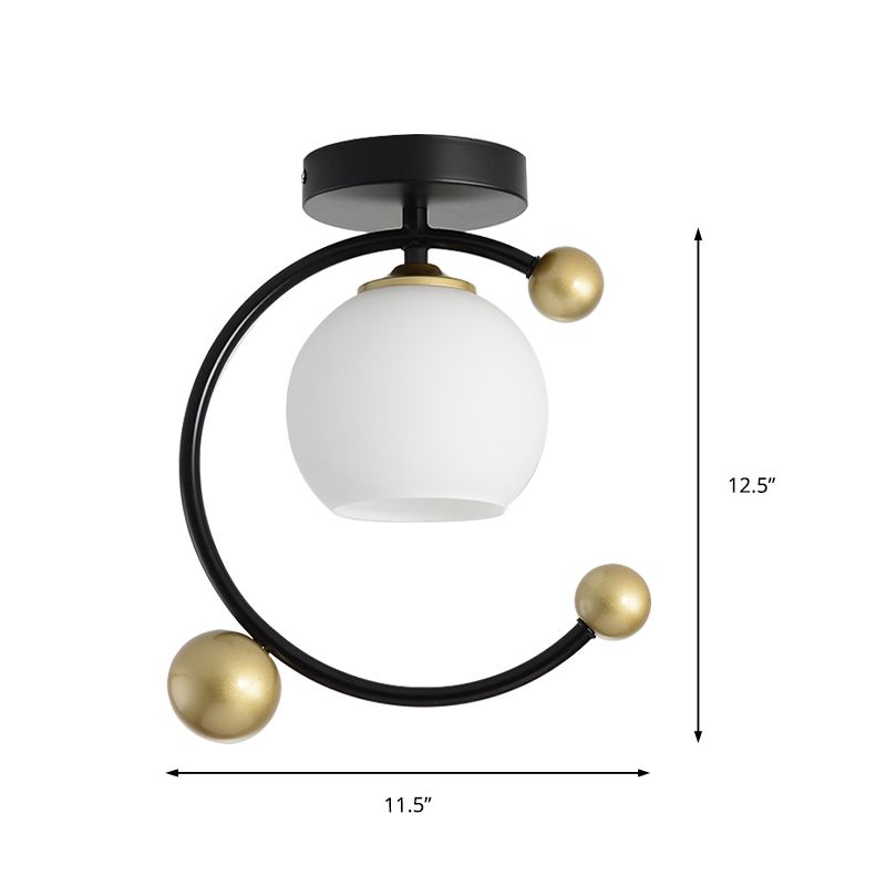 Sphère en verre blanc semi-encastré moderniste 1 lumière noir semi-encastré avec anneau en fer, 10"/12" de large