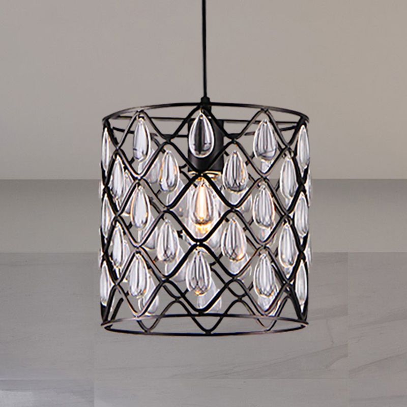 Iluminación colgante enjaulada de metal con caída de cristal deco industrial 1/4/6 luces lámpara lámpara de lámpara en negro