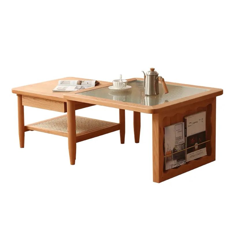 Scandinavian Rectangle Coffee Table in Natural Solid Wood with Storage