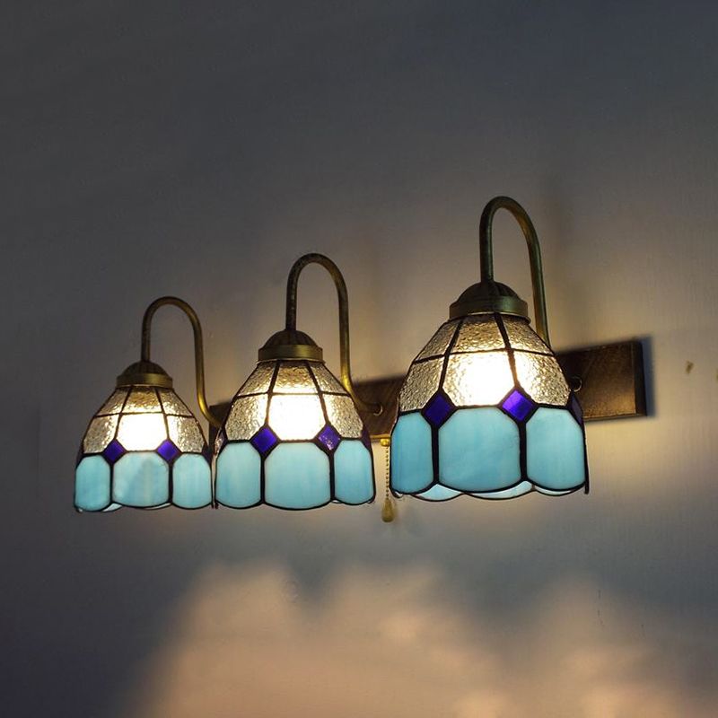 Mediterranean Dome Wall Light Fixture 3 Heads Blue Dimple Glass Sconce Lighting for Bathroom