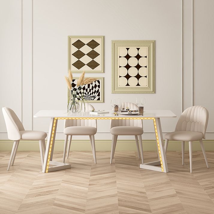 Contemporary Sintered Stone Top Metal Base Dining Table with Chairs in White