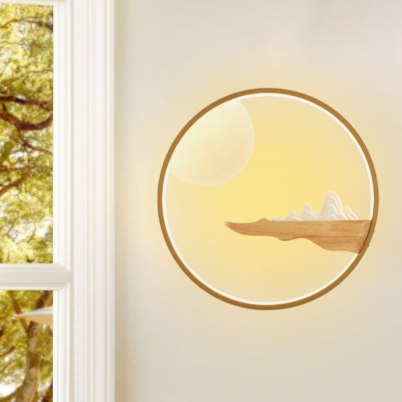 Mountain and Full Moon Wall Mural Light Asia Wooden Black/Beige LED Sconce Lighting for Hotel