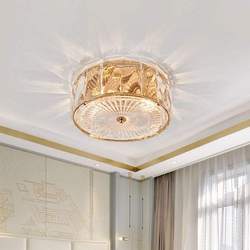 Gold LED Flush Mount Lamp Modern Faceted Crystal Panels Drum Close to Ceiling Light for Bedroom
