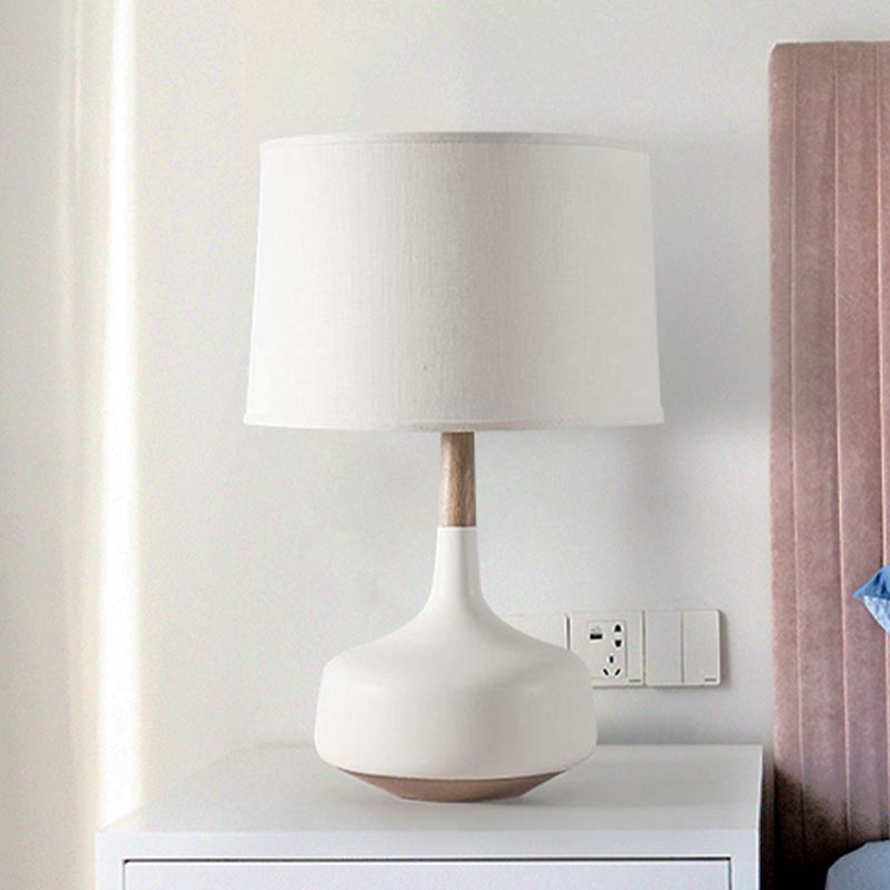 White Straight Sided Shade Table Lamp Nordic 1 Light Fabric Night Stand Lighting with Vase Pedestal
