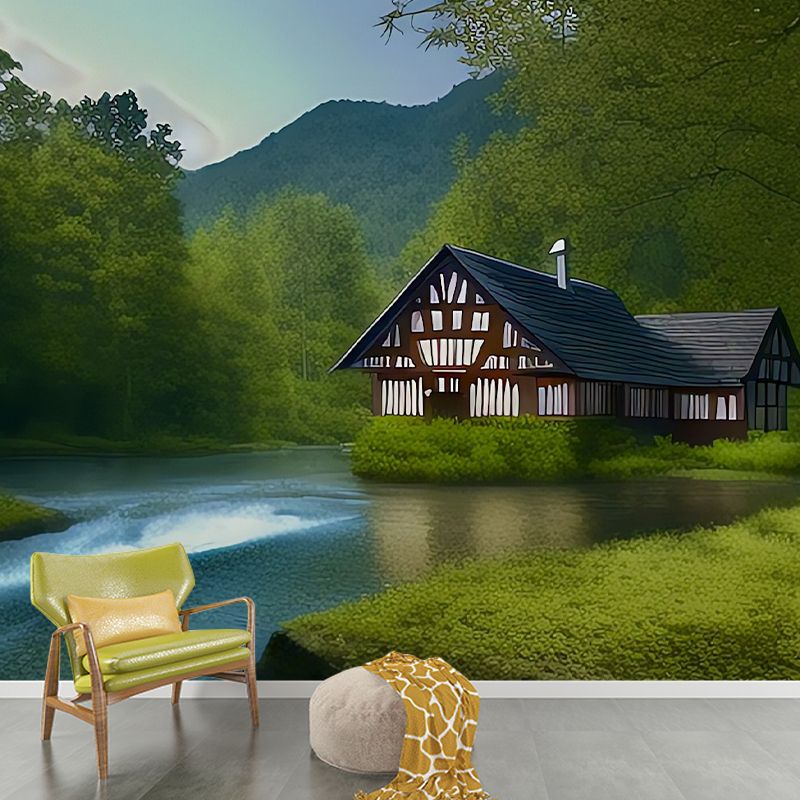 Forest Cabin Pattern Wall Mural Moistureproof for Living Room and Bedroom Decoration