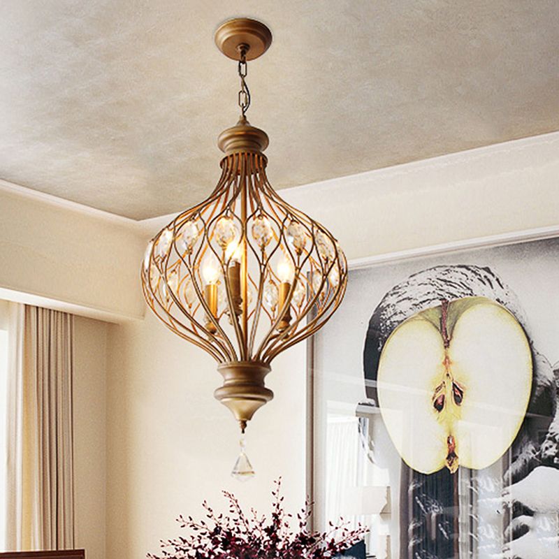 Traditional Ball Hanging Chandelier Metal 3 Bulbs Suspension Light in Brass with Crystal Teardrop