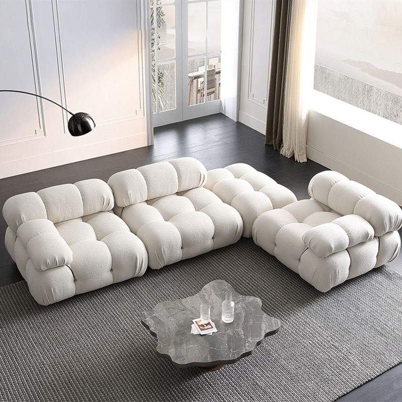 Contemporary Stationary Velvet Sofa Sewn Pillow Back White Settee