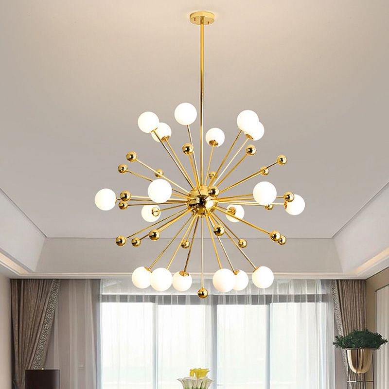 Designer Starburst Metal Chandelier Multi Lights Gold Ceiling Pendant Lamp with White Glass Ball Shade, 23.5"/31.5"/39" Wide