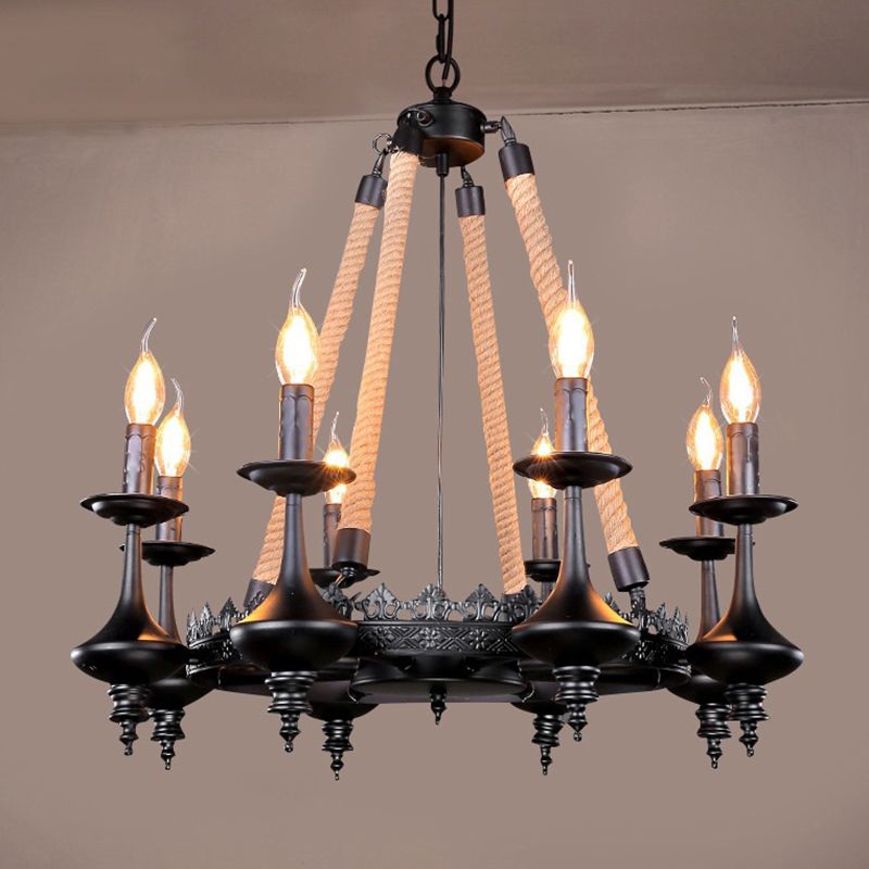 Retro Candelabra Suspension Light Iron Chandelier Light in Black for Dining Room