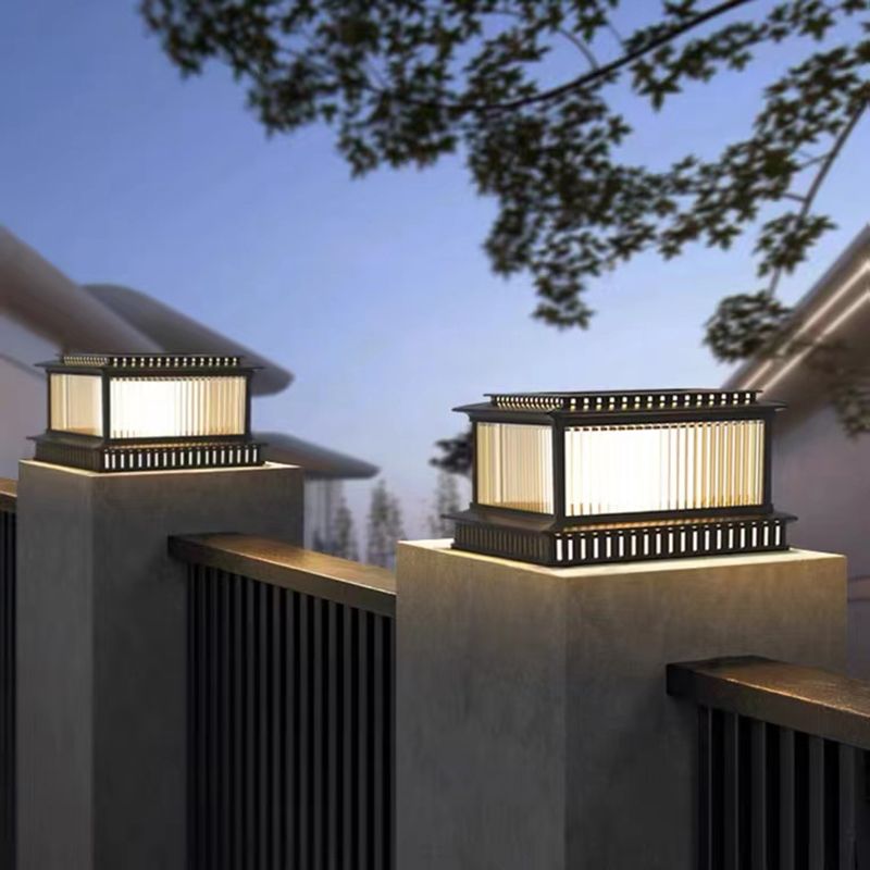 Metal Rectangular Shape Outdoor Lights Modern 1-Light Solar Pillar Lamp in Black