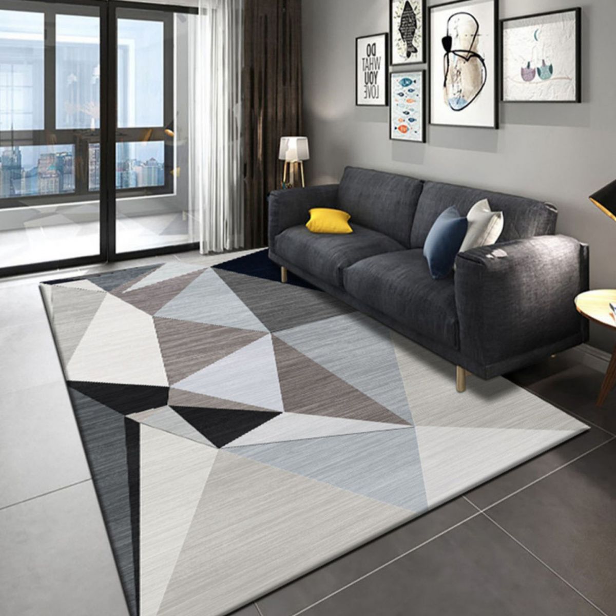 Grey Tone Nordic Rug Polyester Carpet Geometry Indoor Rug Non-Slip Backing for Home Decoration