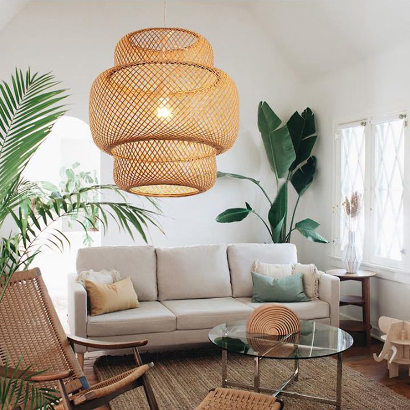 Chinese Style Lantern Ceiling Light Hand-Worked Bamboo 1 Light Restaurant Hanging Pendant Lighting in Beige