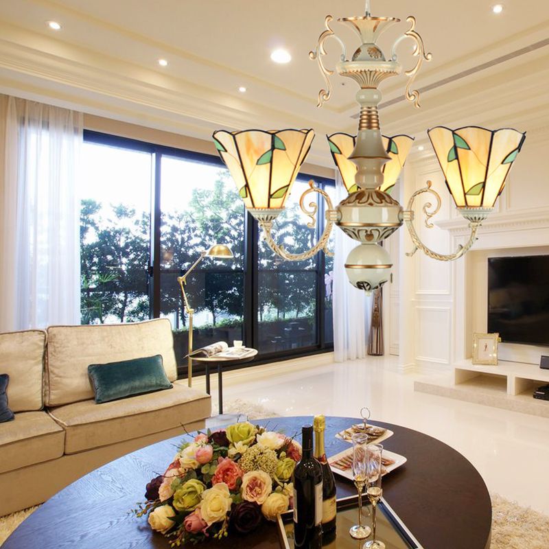 Beige Glass Leaf Pendant Light Traditional 3 Lights Foyer Chandelier Lamp with Adjustable Chain