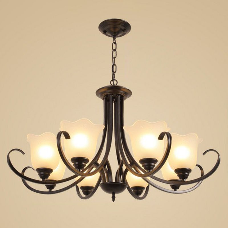 Classic Floral Chandelier Lighting Iron Pendant Light with Ruffled Cream Glass Shade