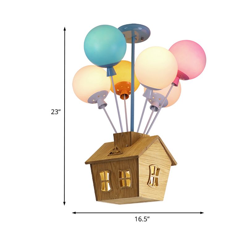 Semi-plafonnier pour chambre d'enfant, ballon en verre bleu-rose-jaune, 6 lumières, plafonnier pour enfants avec maison en bois