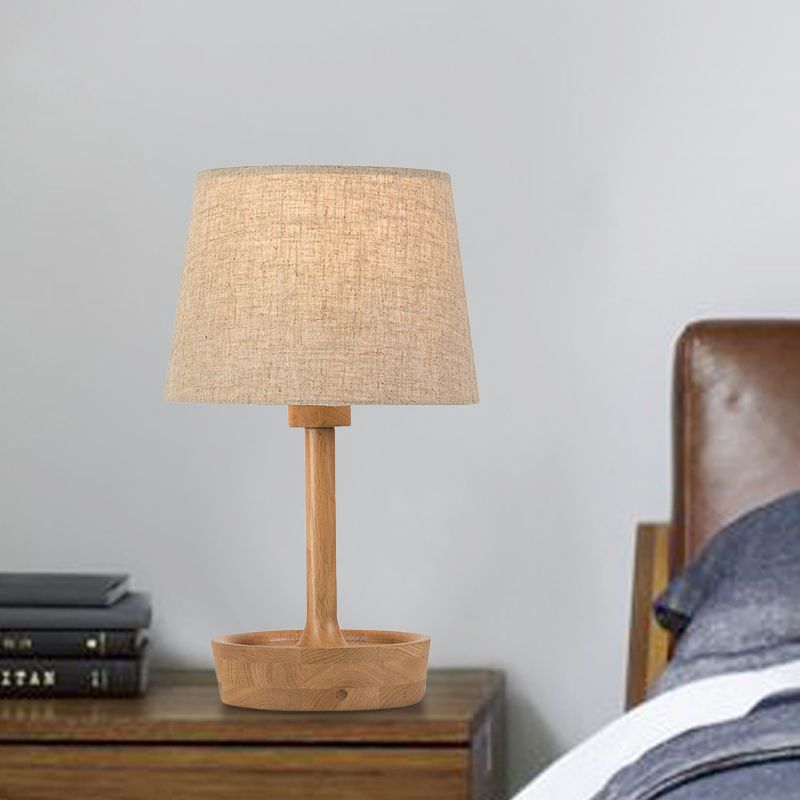 Cone Shade stoffen taaklamp modern 1 lamp vlas/wit leeslamp, ronde beige houten voet