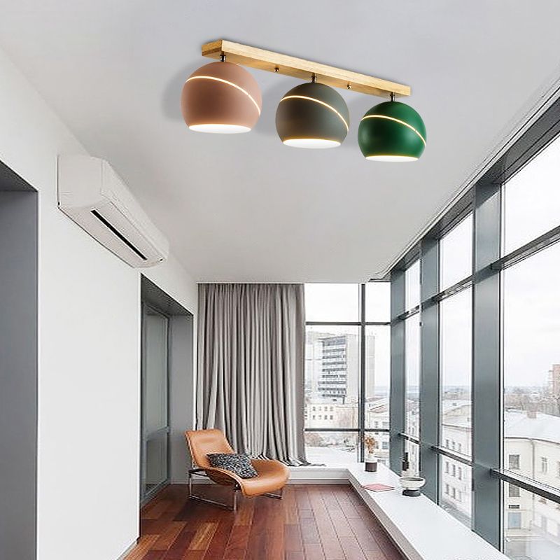 3 Heads Island Ceiling Light Fixture with Dome Metal Lampshade Modernist Semi Flush Lighting Fixture in Wood for Study Room