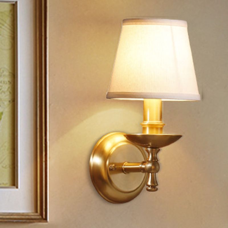 Gold 1 Bulb Wall Mount Light Traditional Fabric Tapered Shade Wall Lamp Fixture for Bedroom
