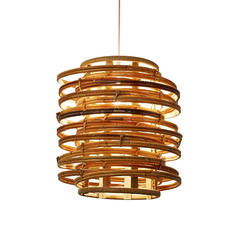 Whirled Bamboo Suspension Pendant Asian Single Beige Hanging Light Kit over Dining Table