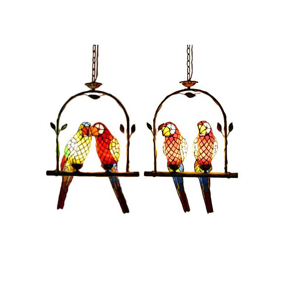 Parrot Stainless Glass Pendant Lamp Tiffany Stylish 2 Lights Red/Red and Yellow Hanging Ceiling Light with Perch Swing