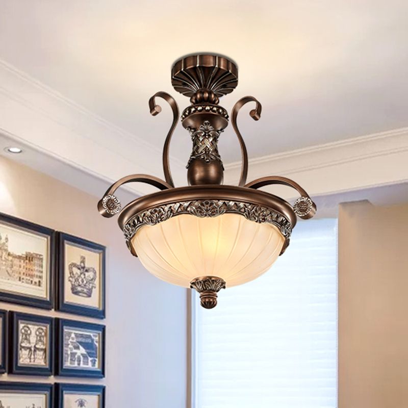 Bowl Etched Ribbed Glass Suspension Light Rustic 3 Heads Corridor Chandelier Light in Bronze