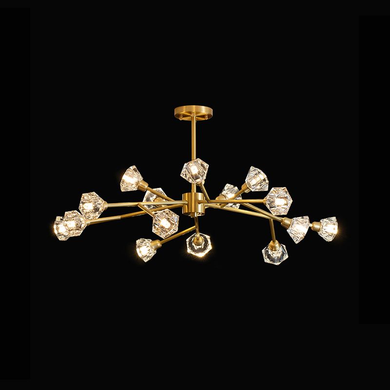 15-Light Metal Sputnik Chandelier, Unique Linear Ceiling Light With Crystal Shade