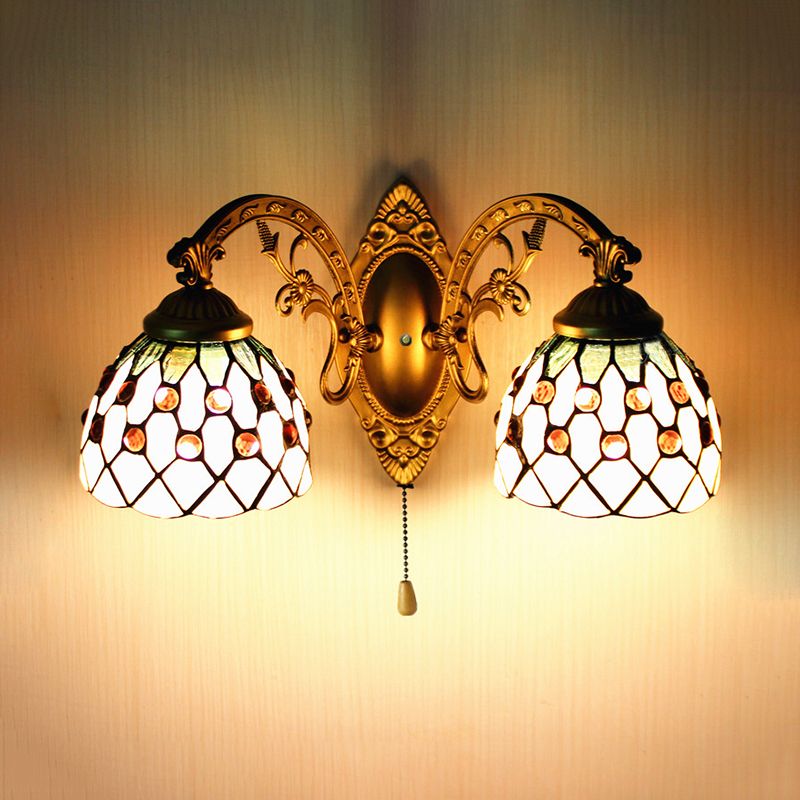 2 Heads Sconce Lighting Tiffany Curve Arm/Mermaid Beige Glass Wall Mount Light with Pull Chain Switch