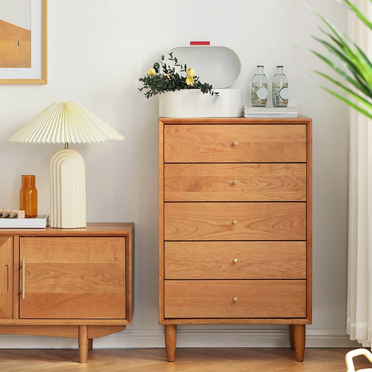 Pine Wood Accent Chest 37.8" Tall Side Cabinet with 5 Drawers
