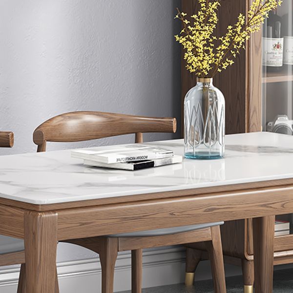 Mesa de comedor rectangular moderna de mediados de siglo, mesa de piedra sinterizada con base de madera de 4 patas